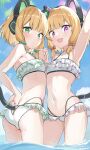  2girls :d animal_ear_headphones arm_up armpits bangs bikini blonde_hair blue_archive blue_sky blush bow cat_ear_headphones cat_tail closed_mouth cloud collarbone day green_bow groin hair_bow halo headphones highres holding_hands interlocked_fingers looking_at_viewer midori_(blue_archive) momoi_(blue_archive) multiple_girls navel nitoron ocean open_mouth outdoors pink_bow revision short_hair siblings sisters sky smile stomach swimsuit tail water 