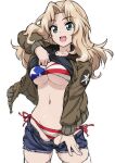  1girl american_flag_bikini bikini black_shirt blonde_hair blue_eyes blue_shorts blush breasts cleavage clothes_lift clothes_pull flag_print girls_und_panzer highres kay_(girls_und_panzer) large_breasts lifted_by_self long_hair military military_uniform navel open_mouth sakakibara_taiga saunders_military_uniform shiny shiny_hair shirt shirt_lift shorts shorts_pull side-tie_bikini simple_background smile solo swimsuit thighhighs underboob uniform white_background white_thighhighs 
