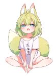  1girl animal_ear_fluff animal_ears bare_legs barefoot blue_eyes blush clothes_writing commentary_request done_(donezumi) fang fox_ears fox_girl fox_tail highres indian_style legs looking_at_viewer off-shoulder_shirt off_shoulder open_mouth original shirt short_hair short_sleeves simple_background sitting smile solo t-shirt tail thick_eyebrows toes translation_request white_background white_shirt 