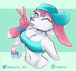  2022 ambris anthro blep blue_sclera breasts cleavage clothed clothing crop_top eeveelution female gesture half-length_portrait hat headgear headwear hi_res looking_at_viewer navel nintendo one_eye_closed pok&eacute;mon pok&eacute;mon_(species) portrait shirt solo sylveon tongue tongue_out topwear v_sign video_games wink 