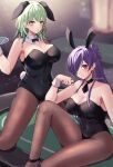  2girls absurdres alternate_costume animal_ears bangs bare_shoulders black_leotard blush bow breasts byleth_(fire_emblem) byleth_(fire_emblem)_(female) choker cleavage detached_collar fake_animal_ears fire_emblem fire_emblem:_three_houses fire_emblem_warriors:_three_hopes green_hair hair_bun hair_over_one_eye highres large_breasts leotard long_hair looking_at_viewer medium_hair multiple_girls open_mouth playboy_bunny purple_eyes purple_hair rabbit_ears reia_hana shez_(fire_emblem) shez_(fire_emblem)_(female) single_hair_bun strapless strapless_leotard wrist_cuffs 