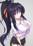  1girl bangs black_hair black_skirt breast_hold breasts cleavage collared_shirt hair_between_eyes hair_ornament hair_ribbon high_ponytail high_school_dxd highres himejima_akeno long_hair looking_at_viewer makibane_(mkbane) orange_ribbon pencil_skirt ponytail purple_eyes ribbon shiny shiny_hair shirt simple_background skirt sleeves_pushed_up smile solo very_long_hair white_shirt 