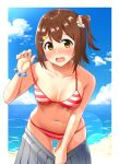  1girl beach blue_sky breasts brown_eyes brown_hair cloud commentary_request cowboy_shot day grey_skirt hair_ornament hairclip idolmaster idolmaster_million_live! idolmaster_million_live!_theater_days karua_(karua23) kasuga_mirai leaning_forward looking_at_viewer medium_breasts one_side_up open_mouth outdoors pleated_skirt pulled_by_self scrunchie short_hair skirt sky solo strap_pull striped striped_swimsuit swimsuit undressing 