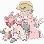  1girl blush butterfly_hair_ornament closed_eyes closed_mouth commentary_request espeon green_footwear green_hair hair_ornament highres kusanagi_nene leg_warmers long_hair looking_at_viewer lurantis nodori710 nuzzle omanyte on_floor pokemon pokemon_(creature) project_sekai purple_eyes shell simple_background sitting skiploom skirt white_background white_leg_warmers yellow_skirt 