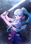  1girl blue_eyes blue_hakama closed_mouth commentary cowboy_shot flower_knot genshin_impact glint hair_ribbon hakama highres holding holding_sword holding_weapon japanese_clothes jun_(seojh1029) kamisato_ayaka kimono light_blue_hair long_hair looking_at_viewer obi obijime pink_ribbon ponytail ribbon sash sidelocks solo standing sword tasuki v-shaped_eyebrows weapon white_kimono 