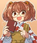  1girl :d =3 apron bell book brown_background checkered_clothes checkered_kimono fingernails glasses hair_bell hair_ornament holding holding_book japanese_clothes jingle_bell kimono looking_at_viewer motoori_kosuzu open_book open_mouth outline pointing simple_background smile solo touhou two_side_up uisu_(noguchipint) upper_body v-shaped_eyebrows white_outline 