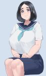  1girl black_hair blue_eyes blue_period blue_sailor_collar blue_sky blush breasts closed_mouth commentary grey_background hand_on_own_leg highres huge_breasts legs_together looking_at_viewer mori_maru okpriko sailor_collar school_uniform serafuku shirt short_hair short_sleeves simple_background sitting sky smile solo tareme white_shirt 