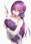  1girl absurdres bespectacled black-framed_eyewear bracelet breasts dress fate/grand_order fate_(series) glasses hair_ornament hair_scrunchie hane_yuki highres holding holding_pen jewelry large_breasts long_hair looking_at_viewer low_ponytail nail_polish over-rim_eyewear pen purple_hair purple_nails red_eyes scathach_(fate) scathach_skadi_(fate) scathach_skadi_(swimsuit_ruler)_(fate) scrunchie see-through semi-rimless_eyewear solo sweater sweater_dress watch 