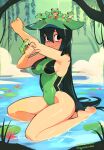  1girl animal_on_hand arm_up artist_name asui_tsuyu bangs bare_arms bare_legs barefoot black_eyes blush boku_no_hero_academia breasts closed_mouth competition_swimsuit covered_navel day feet frog full_body green_hair green_swimsuit hair_between_eyes hand_up lily_pad long_hair medium_breasts one-piece_swimsuit outdoors sideboob sideways_glance sitting sitting_on_water solo squeezable_(artist) swimsuit very_long_hair 