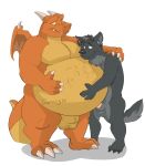  animal_genitalia anthro balls belly big_belly canid canine canson claws digital_media_(artwork) dragon duo erection fur garlos genitals hair hi_res horn male male/male mammal nude overweight overweight_male penis rumbling_stomach sheath simple_background slightly_chubby videl videlthewusky vore 