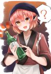  1girl ? alcohol animal_ears bird_ears blush bottle gunsou1350 hair_between_eyes head_scarf holding holding_bottle japanese_clothes mystia_lorelei okamisty open_mouth pink_hair sake_bottle short_hair smile solo spoken_question_mark touhou upper_body yellow_eyes 