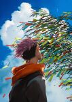  1boy absurdres black_hair cloud commentary_request day facing_away highres itadori_yuuji jujutsu_kaisen jujutsu_tech_uniform male_focus outdoors pink_hair satomi_(aauc6140_000) school_uniform short_hair solo spiked_hair tanabata tanzaku tree undercut wind 