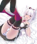  1girl animal_ear_fluff animal_ears apron ass azur_lane bed_sheet black_dress black_thighhighs blue_eyes blurry blurry_foreground blush boots cat_ears commentary_request depth_of_field dress fang frilled_apron frilled_dress frilled_sleeves frills hammann_(azur_lane) hands_up leg_up long_hair lying nakazawa_aki nose_blush on_back open_mouth panties pillow puffy_short_sleeves puffy_sleeves red_footwear shoe_soles short_sleeves solo striped striped_panties thighhighs thighhighs_under_boots underwear very_long_hair waist_apron white_apron white_hair wrist_cuffs 