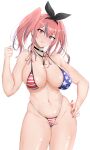  1girl :p american_flag_bikini azur_lane bikini blue_hair blush breasts bremerton_(azur_lane) cameltoe choker cleavage clenched_hand covered_nipples earrings flag_print hairband hand_on_hip jewelry long_hair looking_at_viewer mole mole_on_breast multicolored_hair navel pink_eyes pink_hair pink_nails ranhatu simple_background smile solo streaked_hair swimsuit tongue tongue_out twintails two-tone_hair white_background 