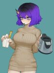  1girl blue_background blush breasts closed_mouth cowboy_shot cup disposable_cup dress electric_kettle fingernails grey_eyes highres holding horns indie_virtual_youtuber kettle large_breasts medium_hair mouth_hold podone purple_hair ribbed_sweater signature simple_background single_horn slit_pupils solo sparrowl stained_clothes standing sweater sweater_dress virtual_youtuber 