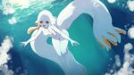  1girl :d bangs barefoot breasts colored_skin hair_between_eyes lansane looking_at_viewer monster_girl navel open_mouth orange_eyes orange_skin original short_hair sidelocks small_breasts smile tentacle_girl underwater white_skin 