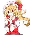  1girl absurdres apple bangs blonde_hair bow bowtie closed_mouth collared_shirt commentary_request dress fingernails flandre_scarlet food fruit hair_between_eyes hands_up hat hat_bow highres long_fingernails looking_at_viewer mob_cap nail_polish no_wings ponytail puffy_short_sleeves puffy_sleeves red_bow red_bowtie red_dress red_eyes red_nails sasaki_sakiko shirt short_hair short_sleeves side_ponytail simple_background smile solo standing touhou white_background white_headwear white_shirt wrist_cuffs 