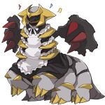  2018 altered_forme_giratina ambiguous_gender black_clothing claws clothing digital_media_(artwork) eyes_closed feral frilly frilly_clothing generation_4_pokemon giratina grey_body happy hi_res legendary_pok&eacute;mon legs_up maid_uniform multi_tone_body musical_note nintendo open_mouth pok&eacute;mon pok&eacute;mon_(species) ribbons simple_background smooth_skin solo suzusina unavailable_at_source uniform video_games white_background wings 