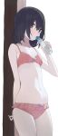  1girl bikini black_hair bottle breasts brown_eyes closed_mouth eyes_visible_through_hair hair_between_eyes highres hiroki_(yyqw7151) holding holding_bottle looking_at_viewer navel original red_bikini short_hair simple_background small_breasts solo swimsuit white_background 