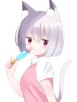  1girl absurdres animal_ear_fluff animal_ears ashitaba_kemo bandaid bandaid_on_cheek bandaid_on_face bangs blush_stickers cat_ears cat_girl cat_tail closed_mouth collared_shirt commentary_request dress food from_side grey_hair hair_between_eyes highres holding holding_food looking_at_viewer looking_to_the_side original pink_dress popsicle puffy_short_sleeves puffy_sleeves purple_eyes shirt short_sleeves simple_background sleeveless sleeveless_dress solo tail tail_raised upper_body white_background white_shirt 