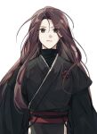  1girl brown_hair closed_mouth dobok expressionless hair_strand long_hair long_sleeves return_of_the_mount_hua_sect safour sash shiny shiny_hair solo turtleneck upper_body white_background yu_iseol_(return_of_the_mount_hua_sect) 