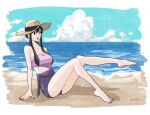  1girl absurdres akdk831 bare_shoulders barefoot beach black_hair border commentary feet_up hat highres long_hair ocean open_mouth pink_tube_top purple_shorts red_nails shorts solo spy_x_family swimsuit white_border yor_briar 