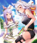 2girls animal_ears ass bangs bare_arms bare_shoulders black_cola black_swimsuit blue_flower blue_rose blue_sky breasts cloud cloudy_sky commentary_request day dress flower frilled_dress frills gold_ship_(run_revolt_launcher)_(umamusume) gold_ship_(umamusume) grey_hair grin hair_flower hair_ornament highres holding horizon horse_ears horse_girl horse_tail long_hair medium_breasts mejiro_mcqueen_(ripple_fairlady)_(umamusume) mejiro_mcqueen_(umamusume) multiple_girls ocean one-piece_swimsuit outdoors parted_lips pink_flower purple_eyes purple_hair rose sky smile super_smashing_summer_vacation_(umamusume) swept_bangs swimsuit tail umamusume water water_gun white_dress white_flower white_rose 