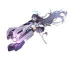  1girl absurdly_long_hair arisu_(blue_archive) bangs black_hair black_hairband blue_archive blue_eyes bright_pupils einheadt full_body hairband highres holding holding_weapon jacket long_hair looking_ahead multicolored_clothes multicolored_jacket one_side_up open_mouth pleated_skirt railgun ringed_eyes serious simple_background skirt solo standing teeth upper_teeth very_long_hair weapon white_background white_pupils 