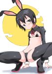  1girl all_fours animal_ears arm_support ass black_hair black_thighhighs breasts cuffs green_eyes highres kino_(kino_no_tabi) kino_no_tabi meme_attire navel rabbit_ears reverse_bunnysuit reverse_outfit short_hair sleeve_cuffs small_breasts sun thighhighs tomurasuisen white_background 