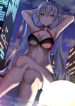 1girl absurdres ahoge armpits arms_up bangs bare_shoulders bikini black_bikini breasts choker cleavage fate/grand_order fate_(series) gloves grey_hair highres jeanne_d&#039;arc_alter_(fate) jeanne_d&#039;arc_alter_(swimsuit_berserker)_(fate) long_hair looking_at_viewer medium_breasts night night_sky o-ring o-ring_bikini outdoors sitting sky solo swimsuit toukan very_long_hair wet yellow_eyes 