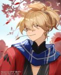  1boy blonde_hair blue_scarf genshin_impact hair_over_eyes high_ponytail highres japanese_clothes kazuha&#039;s_friend_(genshin_impact) kimono leaf looking_to_the_side male_focus okkobc red_kimono scarf torn_clothes 