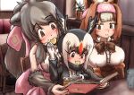  3girls animal_ears atlantic_puffin_(kemono_friends) bag_of_chips bangs bear_ears behind_another bergman&#039;s_bear_(kemono_friends) bird_wings black_hair blonde_hair blush bow breasts brown_eyes brown_hair c: chair child chips closed_mouth cup drinking_glass empty_eyes feeding female_child food food_in_mouth fur_trim gloves grey_hair hair_bow head_tilt head_wings headband height_difference high_ponytail highres holding holding_menu indoors jacket kemono_friends kodiak_bear_(kemono_friends) long_hair long_sleeves looking_at_another looking_at_object menu mouth_hold multiple_girls potato_chips reading red_hair shirt sitting skirt sleeveless smile snack suspender_skirt suspenders sweater_vest table teriiman very_long_hair white_hair wings 