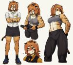  anthro athletic athletic_anthro athletic_female belt black_bottomwear black_clothing black_necktie black_pants black_skirt blush bottomwear bra brown_hair clothed clothing crossed_arms felid female footwear hair hair_between_eyes hi_res kemono looking_at_viewer looking_away mammal medium_hair navel necktie open_mouth orange_clothing orange_shirt orange_topwear pantherine pants shirt shoes shurueder shy simple_background skirt solo sports_bra standing tiger tongue tongue_out topwear underwear uniform vest white_background wristband yoga_pants 
