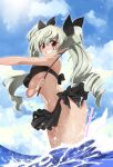  1girl absurdres anchovy_(girls_und_panzer) bikini black_bikini blush breasts brown_eyes cloud cloudy_sky drill_hair girls_und_panzer green_hair grin highres italian_flag long_hair looking_at_viewer navel partially_submerged sky smile solo sweat swimsuit thighs twintails underboob very_long_hair whip yokoshima_takemaru 