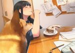  1girl bangs black_hair blunt_bangs bulletin_board dog eating food fork indoors long_hair morifumi open_door original pencil reflection school_uniform serafuku strawberry_shortcake table 