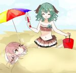  2girls adapted_costume animal_ears bare_arms bare_shoulders bikini bird_ears blush brown_bikini bucket closed_eyes covercarefree dog_ears dog_tail earrings green_hair highres holding jewelry kasodani_kyouko multiple_girls mystia_lorelei open_mouth parasol parted_lips pink_eyes pink_hair sand short_hair single_earring smile swimsuit tail touhou trowel umbrella 