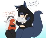  2020 anthro beanie big_breasts black_body black_fur black_hair black_inner_ear blue_body blue_fur breasts canid canine chest_wraps clothing crossed_arms dee_(dewwydarts) dewwydarts dialogue duo eva_(dewwydartz) female fur generation_4_pokemon generation_8_pokemon gradient_background hair hair_over_eyes hat headgear headwear lagomorph leporid lucario mammal mouth_covered multicolored_body multicolored_fur nintendo one_eye_obstructed open_mouth orange_eyes pok&eacute;mon pok&eacute;mon_(species) pseudo_clothing rabbit raboot red_body red_fur scut_tail short_tail simple_background size_difference smile spikes spikes_(anatomy) tan_body tan_fur thick_thighs video_games white_body white_fur white_hair wraps yellow_inner_ear 