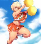  1girl animal_print areola_slip bakugou_mitsuki belly blonde_hair boku_no_hero_academia breasts cheering cheerleader cloud cloudy_sky commission crop_top day from_side highres holding holding_pom_poms huge_breasts keigi large_areolae leopard_print looking_at_viewer mature_female miniskirt muffin_top navel nipple_slip nipples orange_skirt panties pantyshot pleated_skirt pom_pom_(cheerleading) print_panties red_eyes shoes short_hair skindentation skirt sky smile sneakers socks solo spiked_hair standing standing_on_one_leg thick_thighs thighs u.a._cheerleader_uniform underboob underbutt underwear white_socks 