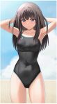  1girl arms_behind_head black_hair black_swimsuit blush breasts collarbone commentary_request covered_navel covered_nipples highres higofushi inoue_takina long_hair looking_at_viewer lycoris_recoil medium_breasts one-piece_swimsuit purple_eyes solo swimsuit 