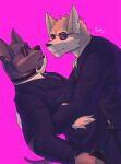  2022 absurd_res anthro artist_name belt bottomwear canid canine canis clothing collar dobermann dobermann_guard_(helluva_boss) domestic_dog eyewear helluva_boss hi_res male male/male mammal open_mouth pants pinscher rofu_kagazaki romantic romantic_couple smile suit sunglasses topwear walkie_talkie wolf wolf_guard_(helluva_boss) 