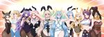  6+girls absurdres adapted_costume animal_ears armpits arms_up azura_(fire_emblem) back backless_outfit bare_back blonde_hair blue_hair breasts brown_hair bunny_pose camilla_(fire_emblem) charlotte_(fire_emblem) cleavage cleavage_cutout clothing_cutout corrin_(fire_emblem) corrin_(fire_emblem)_(female) felicia_(fire_emblem) fire_emblem fire_emblem_fates flat_chest flora_(fire_emblem) hair_ornament hair_over_one_eye hairband hands_in_hair highres kagero_(fire_emblem) large_breasts long_hair maid_headdress midriff mozu_(fire_emblem) multiple_girls nervous_smile ophelia_(fire_emblem) orochi_(fire_emblem) panties pantyhose pink_hair playboy_bunny ponytail purple_hair rabbit_ears rabbit_tail seityr smile tail thigh_cutout twintails underwear yellow_panties 