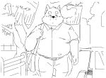  2022 anthro biped bottomwear canid canine canis clothing domestic_dog fugashi4090 humanoid_hands kemono male mammal outside overweight overweight_male pants shirt solo topwear walking 