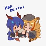  animal_ears arknights beret black_headwear black_jacket blue_hair blush ch&#039;en_(arknights) chibi closed_eyes dragon_girl dragon_horns dragon_tail drill_hair fishyyuzi fur-tipped_tail fur-trimmed_jacket fur_trim gift_art happy_birthday hat horns jacket long_hair long_sleeves multicolored_hair necktie no_mouth official_alternate_costume open_clothes open_jacket orange_hair red_hair red_necktie shirt simple_background streaked_hair swire_(arknights) swire_(honor_and_splendor)_(arknights) tail tiger_ears tiger_girl tiger_tail twintails u_u upper_body white_background white_shirt 