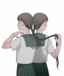  2girls arm_up braid braiding_hair closed_eyes facing_away from_behind grey_hair hairdressing holding holding_hair long_hair multiple_girls original pleated_skirt school_uniform serafuku shokugyo short_sleeves skirt 