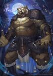  5_fingers abs anthro armband bare_chest biceps big_muscles biped black_bottomwear black_cape black_claws black_clothing black_loincloth black_nose black_pupils bottomwear brown_bear brown_body brown_ears brown_fur cape claws clothed clothing colored detailed_background digital_media_(artwork) facial_hair facial_markings fangs finger_claws fingers forest front_view full-length_portrait full_moon fur fur_clothing hair head_markings hi_res humanoid_hands jewelry kemono loincloth looking_at_viewer low-angle_view male mammal markings monotone_ears moon multicolored_body multicolored_fur muscular muscular_anthro muscular_male muzzle_(marking) necklace night open_mouth outside pecs plant portrait pose pupils quads shaded sharp_claws shishimi443 short_hair sky snout snout_markings solo standing teeth text three-quarter_view tongue topless topless_anthro topless_male tree two_tone_body two_tone_fur ursid ursine white_body white_fur white_hair yellow_eyes 