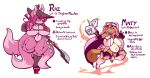  2017 big_breasts breasts brown_body brown_fur canid canine canis clothing curled_tail domestic_dog duo female footwear fox fur hair hammer high_heels jinti_(artist) magic mammal maty melee_weapon multi_tail navel pink_body pink_fur pink_hair polearm revealing_outfit tools warhammer weapon 