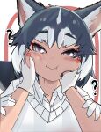  1girl ? absurdres animal_ears bangs black_hair blush blush_stickers buttons cheek_pinching cheek_squash closed_mouth collared_shirt colored_inner_hair dog_ears dog_girl dog_tail gloves grey_eyes hands_on_another&#039;s_cheeks hands_on_another&#039;s_face highres kemono_friends looking_at_viewer medium_hair morrowine multicolored_hair no_jacket pinching pov pov_hands shirt siberian_husky_(kemono_friends) solo solo_focus sweater_vest tail two-tone_hair white_gloves white_hair white_shirt wing_collar 