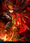  1girl bangs black_hair black_pants cape evil_smile family_crest fate/grand_order fate/type_redline fate_(series) fire full_body gloves gold_footwear hat highres holding holding_sword holding_weapon katana koha-ace long_hair long_sleeves looking_at_viewer military_hat oda_nobunaga_(fate) oda_nobunaga_(koha-ace) oda_uri pants peaked_cap red_cape red_eyes smile solo sword tansiki teeth weapon white_gloves 