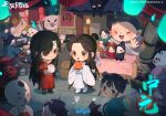  absurdres black_hair brown_hair bug butterfly chibi chinese_clothes eyepatch glowing_butterfly hanfu highres holding holding_toy hua_cheng long_hair long_sleeves looking_at_another official_art open_mouth standing tian_guan_ci_fu toy white_butterfly wide_sleeves xie_lian yellow_eyes 