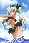  1girl absurdres anchovy_(girls_und_panzer) bikini black_bikini blush breasts brown_eyes cloud cloudy_sky drill_hair girls_und_panzer green_hair grin highres italian_flag long_hair looking_at_viewer navel partially_submerged sky smile solo sweat swimsuit tan tanlines thighs twintails underboob very_long_hair whip yokoshima_takemaru 